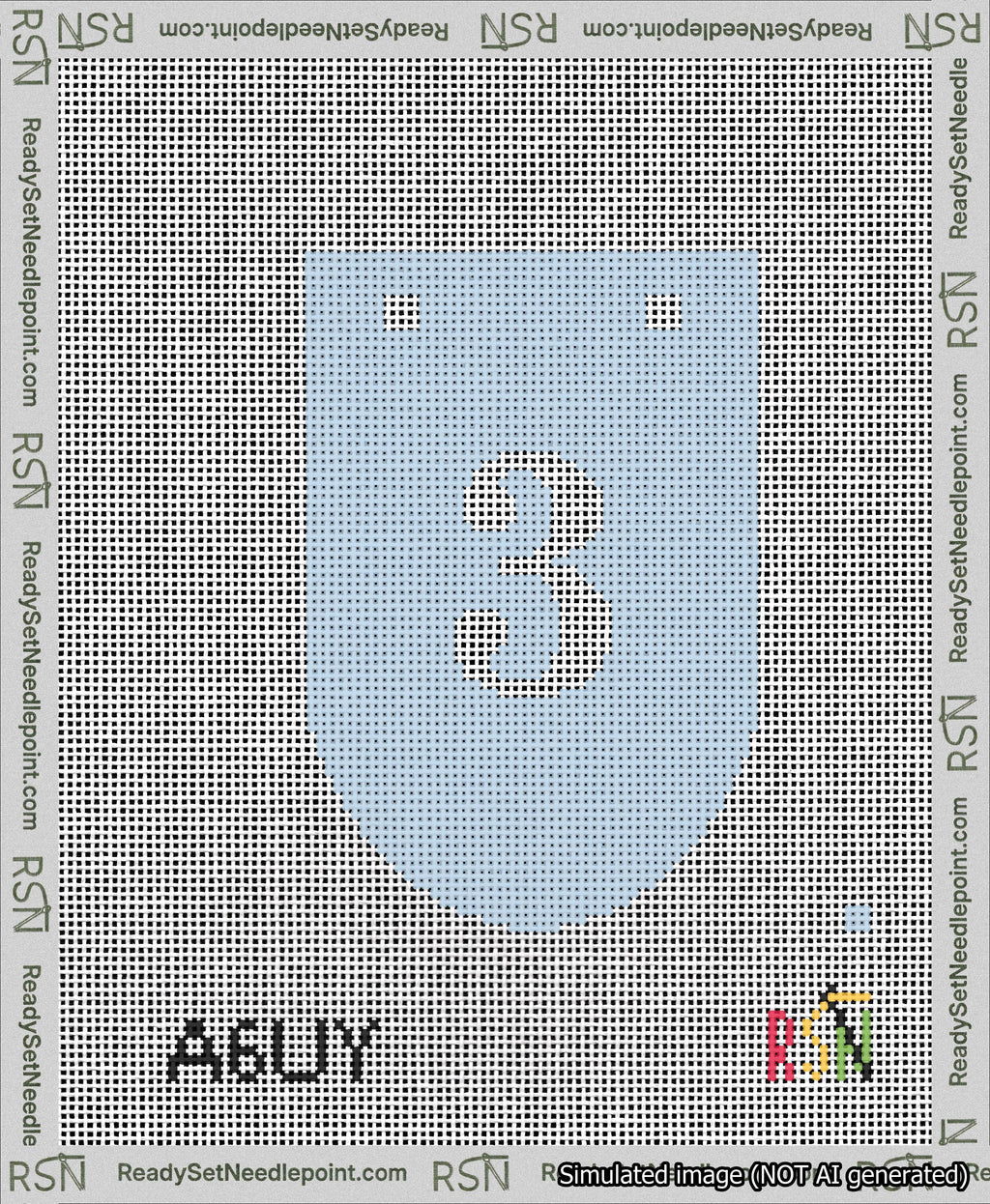 A taped needlepoint canvas with the design: Banner 13 mesh count Rounded 3 White on Light Blue.