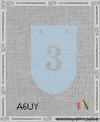 A taped needlepoint canvas with the design: Banner 13 mesh count Rounded 3 White on Light Blue.