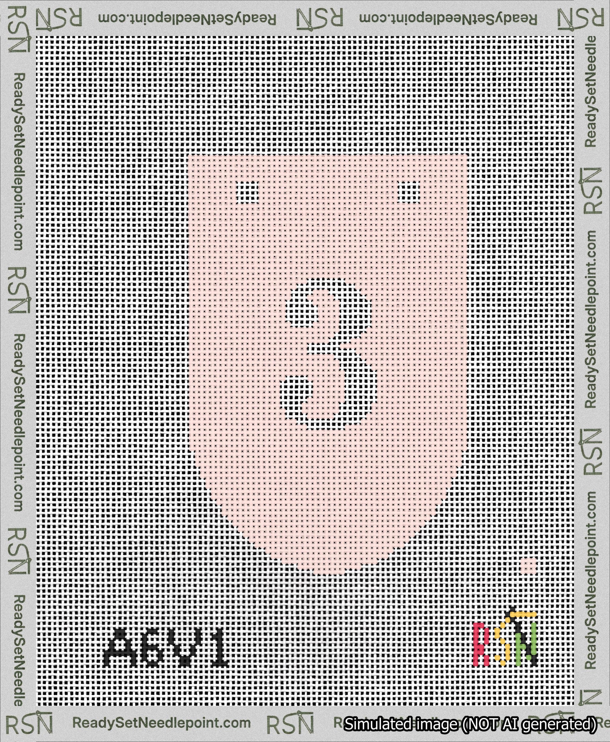 A taped needlepoint canvas with the design: Banner 13 mesh count Rounded 3 White on Pink.