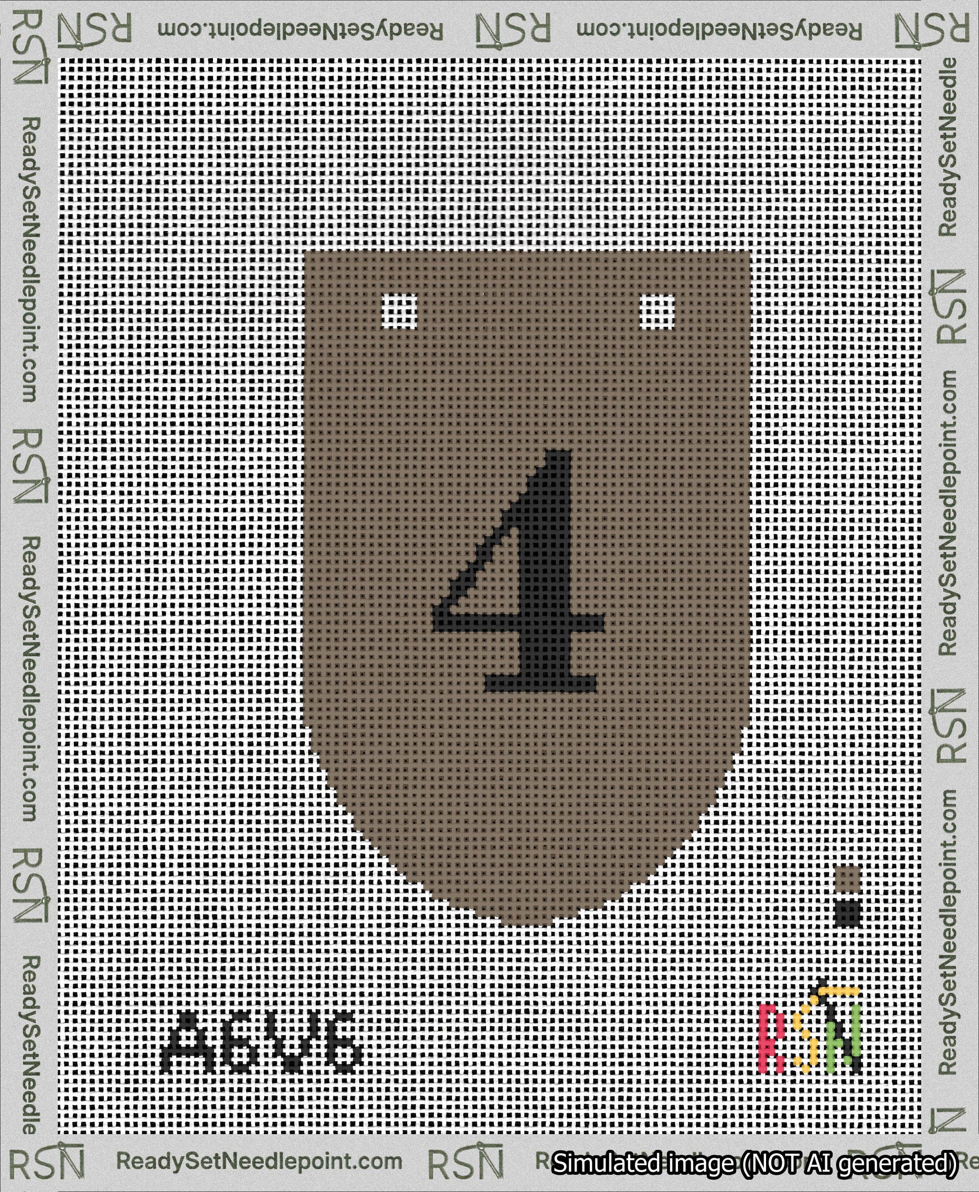 A taped needlepoint canvas with the design: Banner 13 mesh count Rounded 4 Black on Brown.