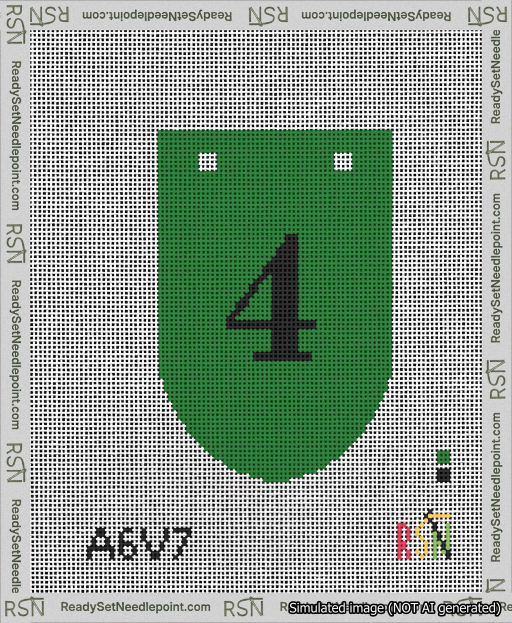 A taped needlepoint canvas with the design: Banner 13 mesh count Rounded 4 Black on Green.