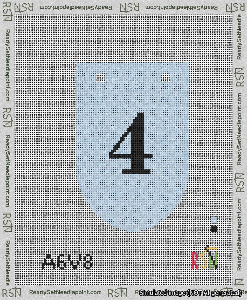 A taped needlepoint canvas with the design: Banner 13 mesh count Rounded 4 Black on Light Blue.