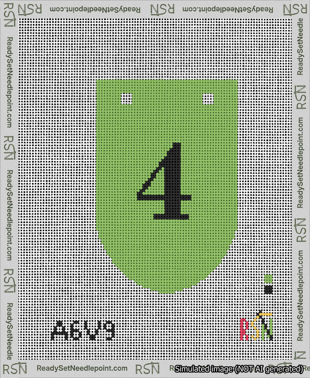 A taped needlepoint canvas with the design: Banner 13 mesh count Rounded 4 Black on Light Green.