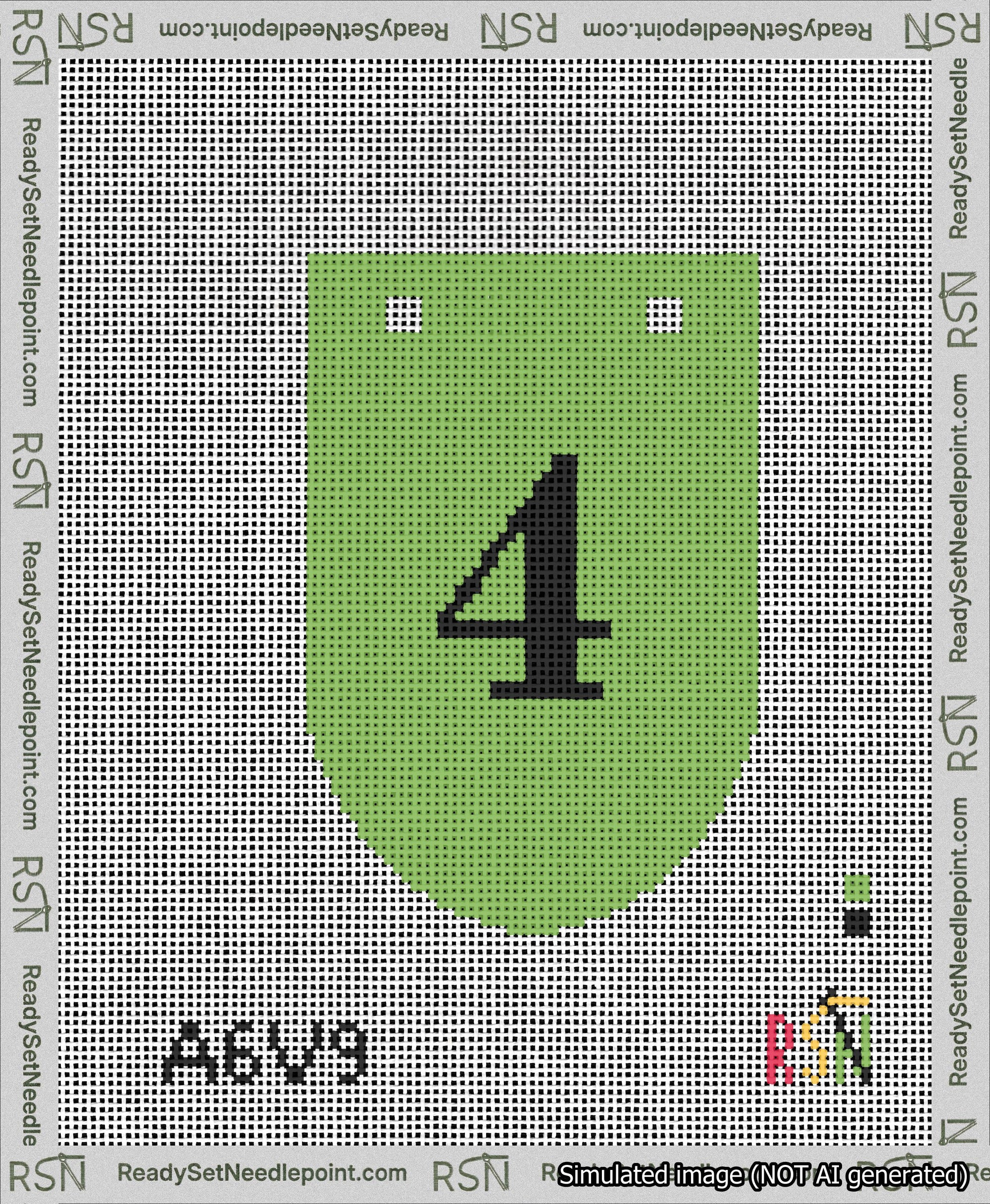 A taped needlepoint canvas with the design: Banner 13 mesh count Rounded 4 Black on Light Green.