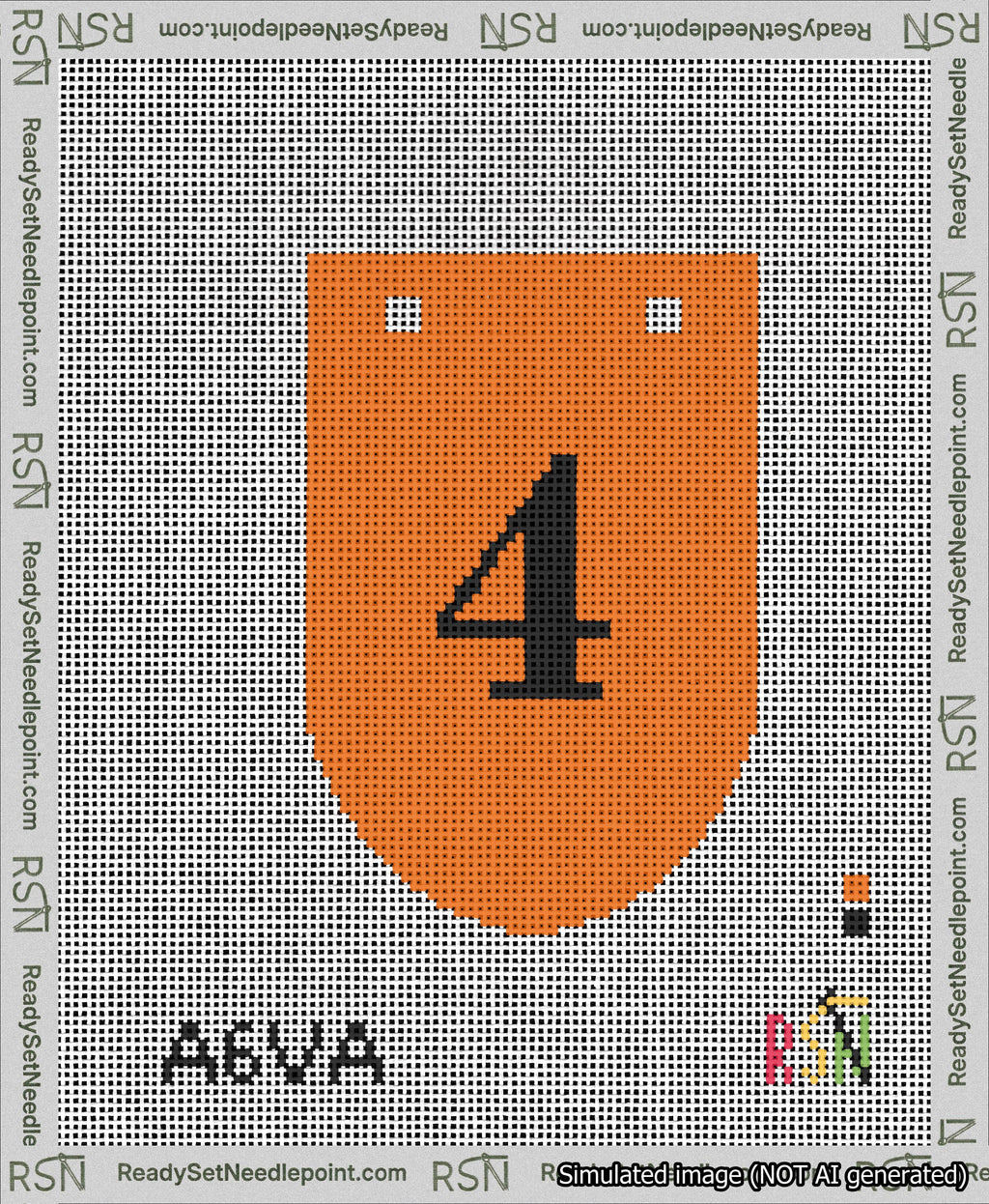 A taped needlepoint canvas with the design: Banner 13 mesh count Rounded 4 Black on Orange.