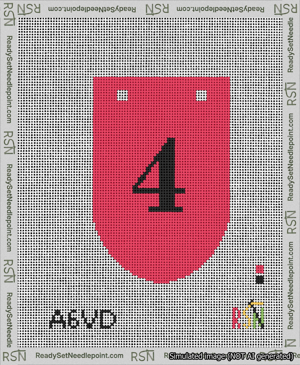 A taped needlepoint canvas with the design: Banner 13 mesh count Rounded 4 Black on Red.