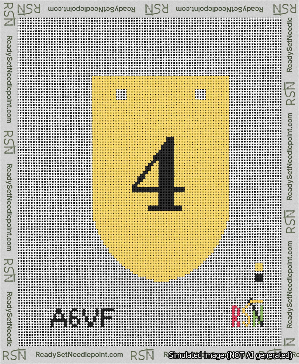 A taped needlepoint canvas with the design: Banner 13 mesh count Rounded 4 Black on Yellow.