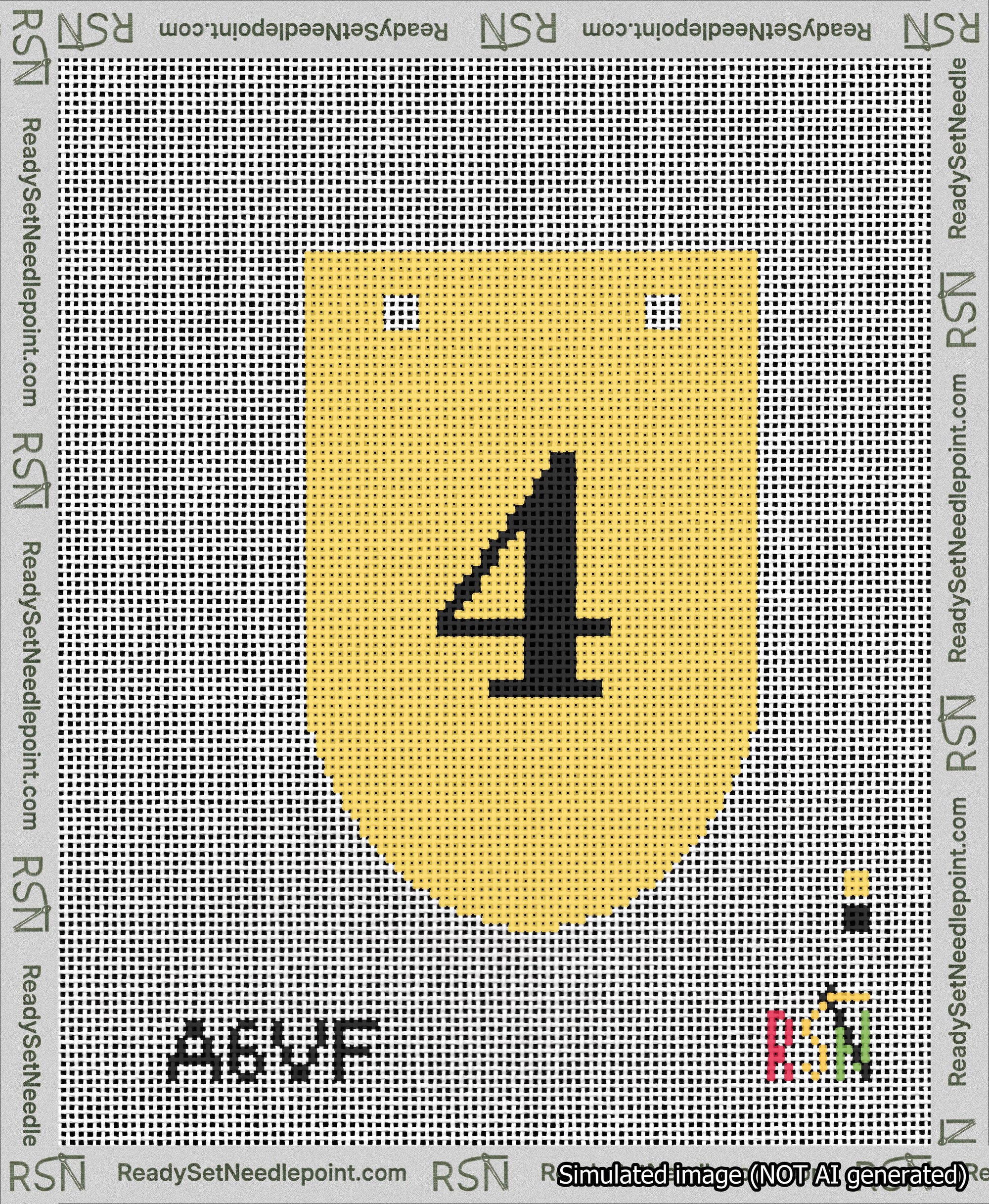 A taped needlepoint canvas with the design: Banner 13 mesh count Rounded 4 Black on Yellow.