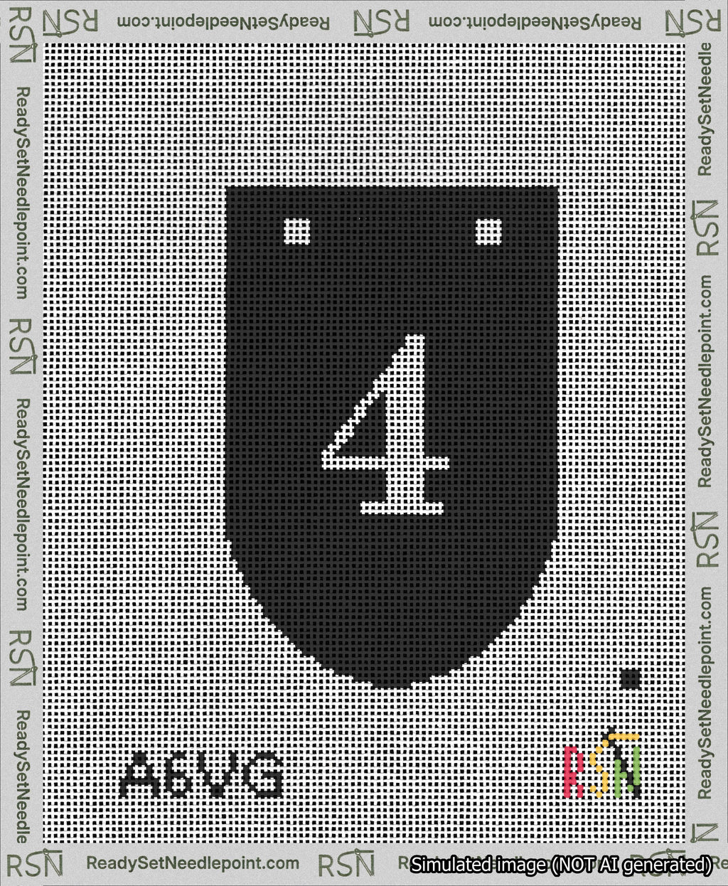 A taped needlepoint canvas with the design: Banner 13 mesh count Rounded 4 White on Black.