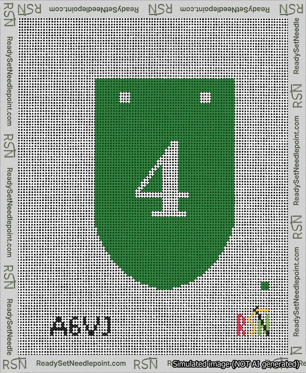 A taped needlepoint canvas with the design: Banner 13 mesh count Rounded 4 White on Green.