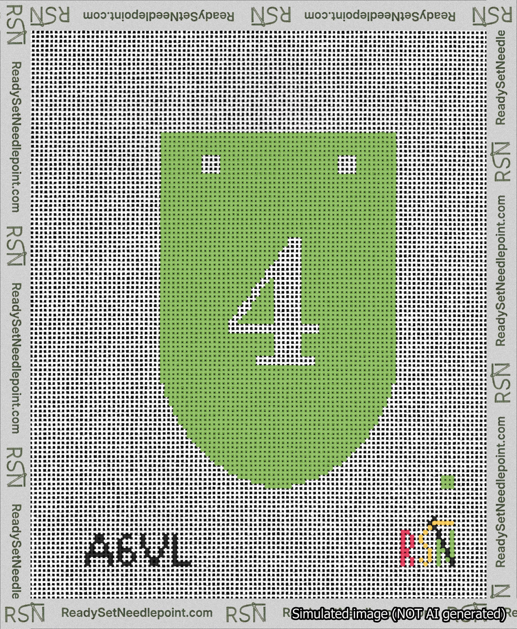 A taped needlepoint canvas with the design: Banner 13 mesh count Rounded 4 White on Light Green.