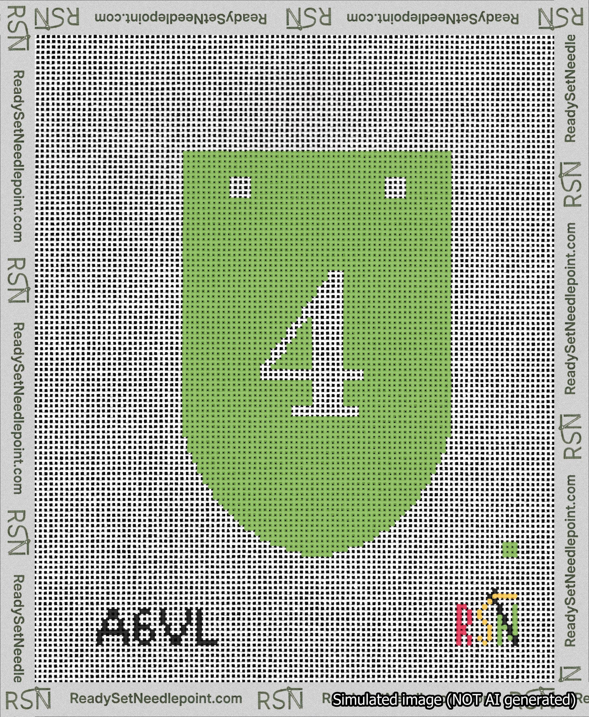 A taped needlepoint canvas with the design: Banner 13 mesh count Rounded 4 White on Light Green.