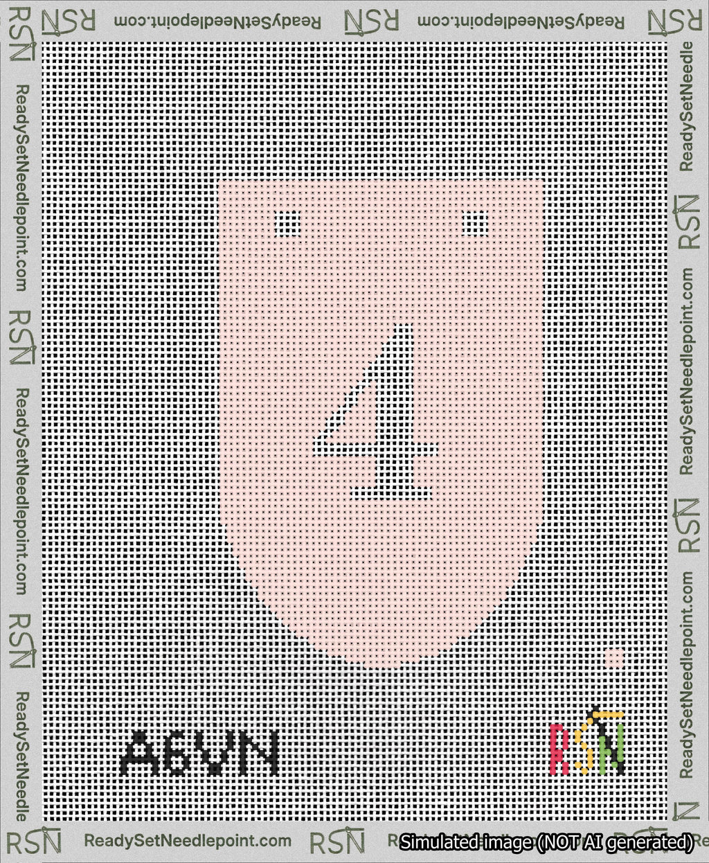 A taped needlepoint canvas with the design: Banner 13 mesh count Rounded 4 White on Pink.