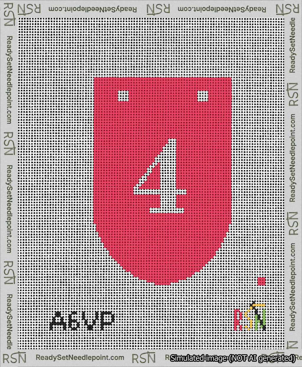 A taped needlepoint canvas with the design: Banner 13 mesh count Rounded 4 White on Red.