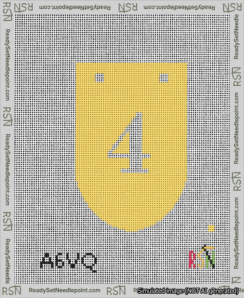 A taped needlepoint canvas with the design: Banner 13 mesh count Rounded 4 White on Yellow.