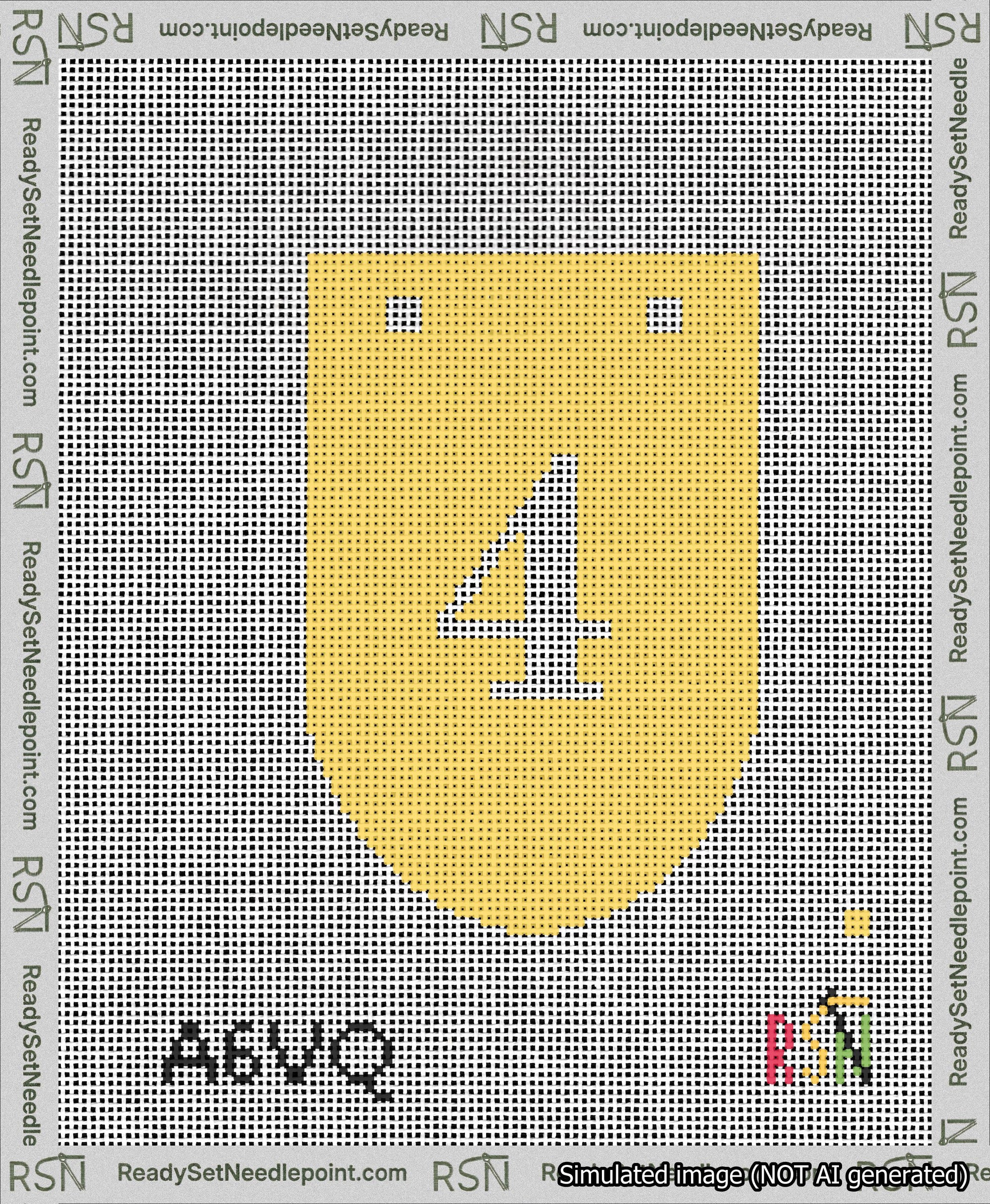 A taped needlepoint canvas with the design: Banner 13 mesh count Rounded 4 White on Yellow.