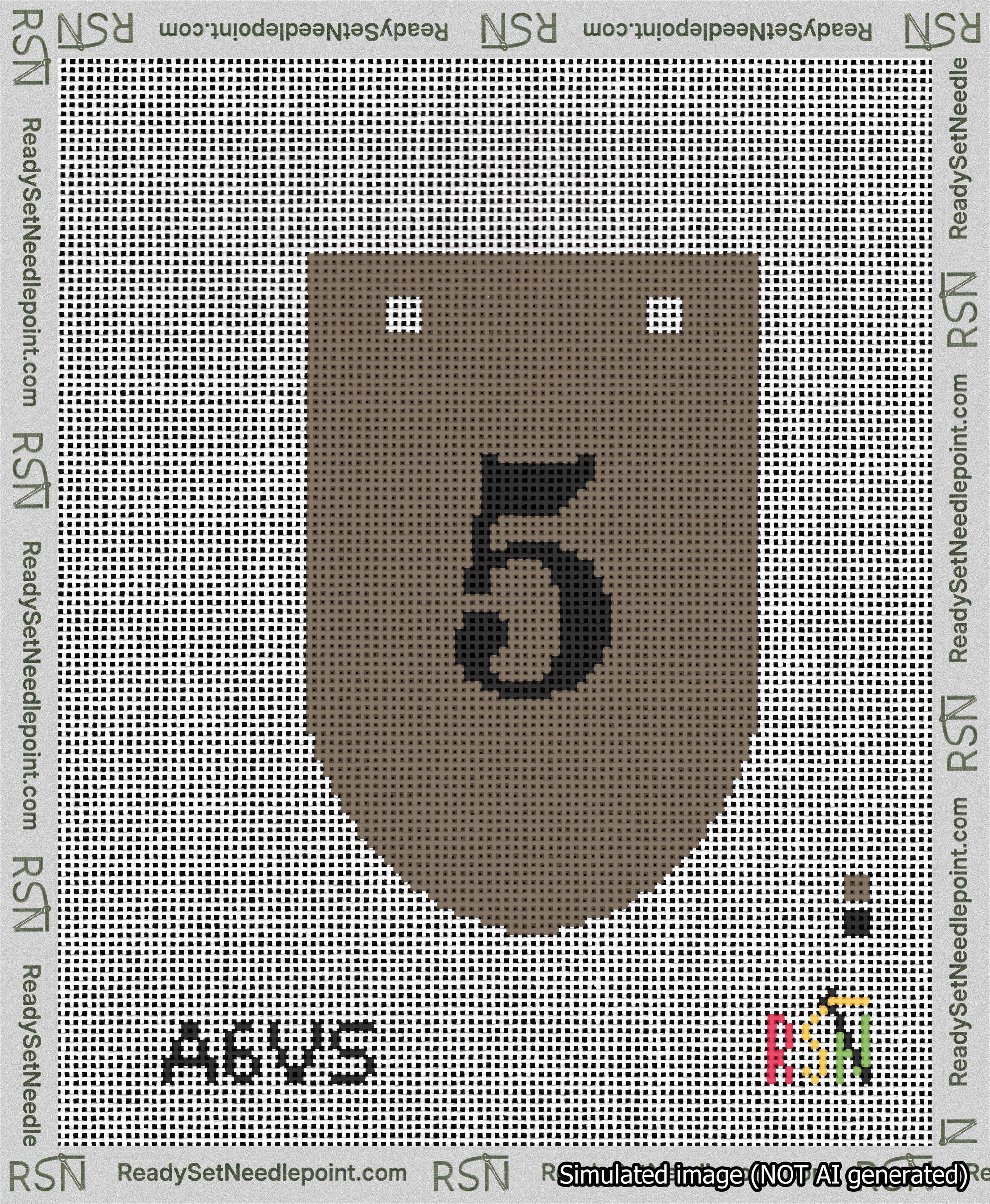 A taped needlepoint canvas with the design: Banner 13 mesh count Rounded 5 Black on Brown.
