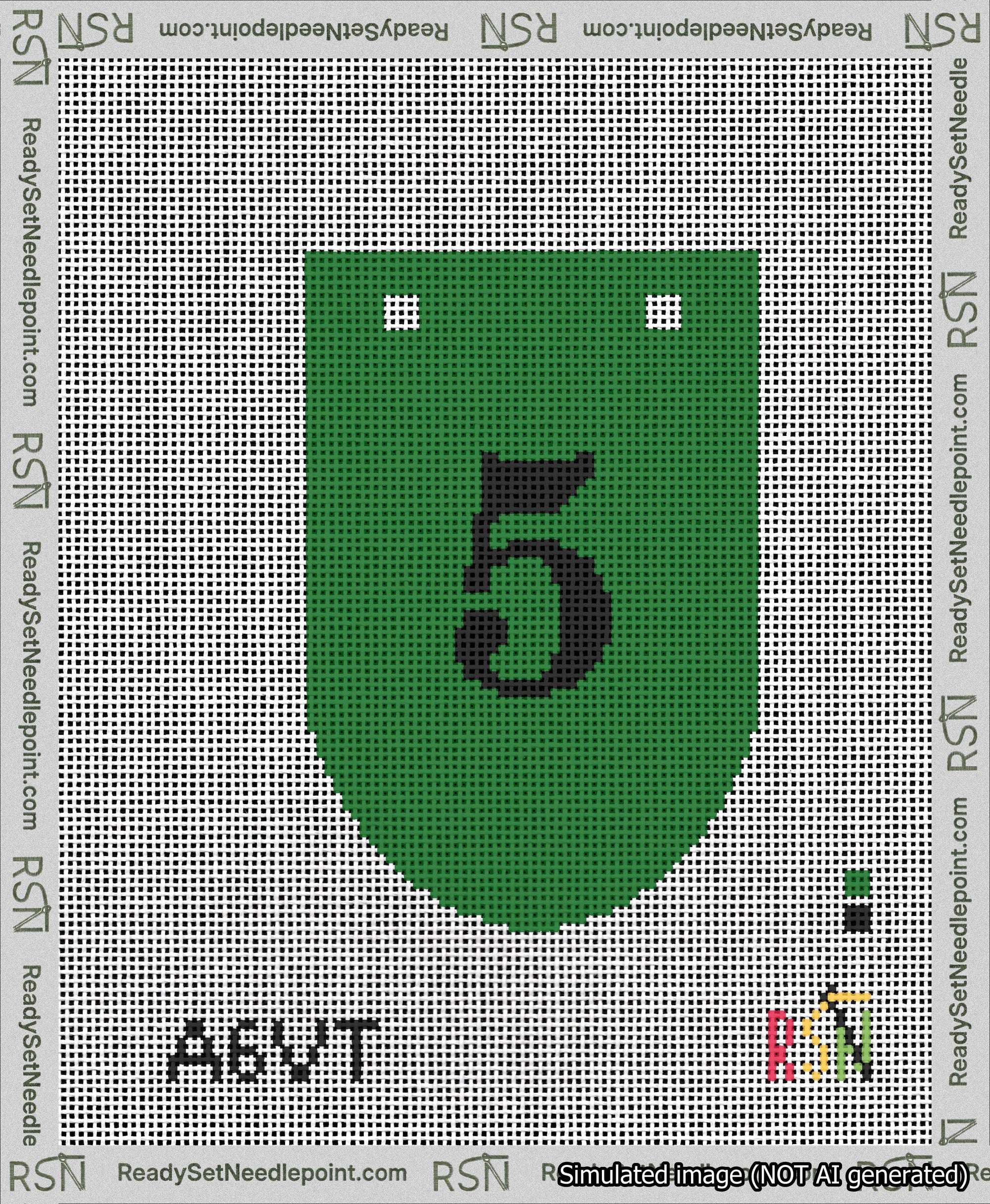 A taped needlepoint canvas with the design: Banner 13 mesh count Rounded 5 Black on Green.