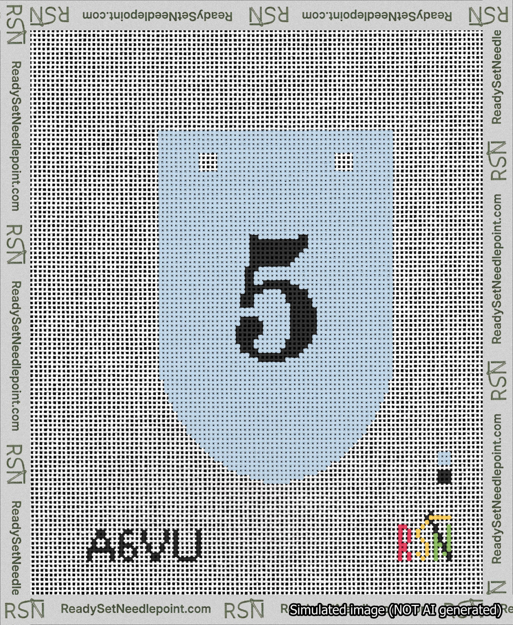 A taped needlepoint canvas with the design: Banner 13 mesh count Rounded 5 Black on Light Blue.