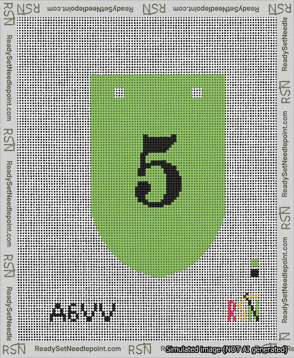 A taped needlepoint canvas with the design: Banner 13 mesh count Rounded 5 Black on Light Green.