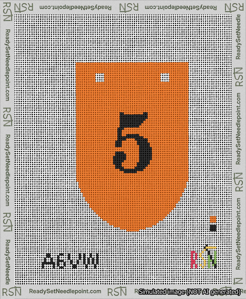 A taped needlepoint canvas with the design: Banner 13 mesh count Rounded 5 Black on Orange.