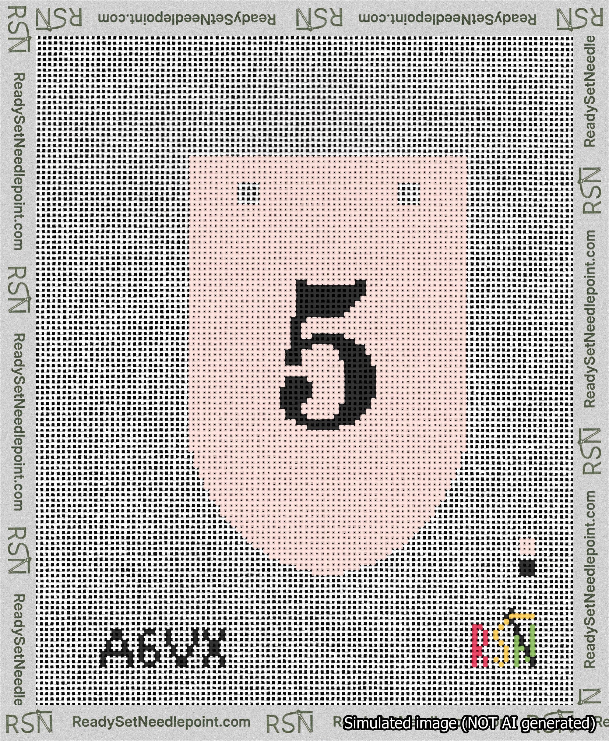 A taped needlepoint canvas with the design: Banner 13 mesh count Rounded 5 Black on Pink.