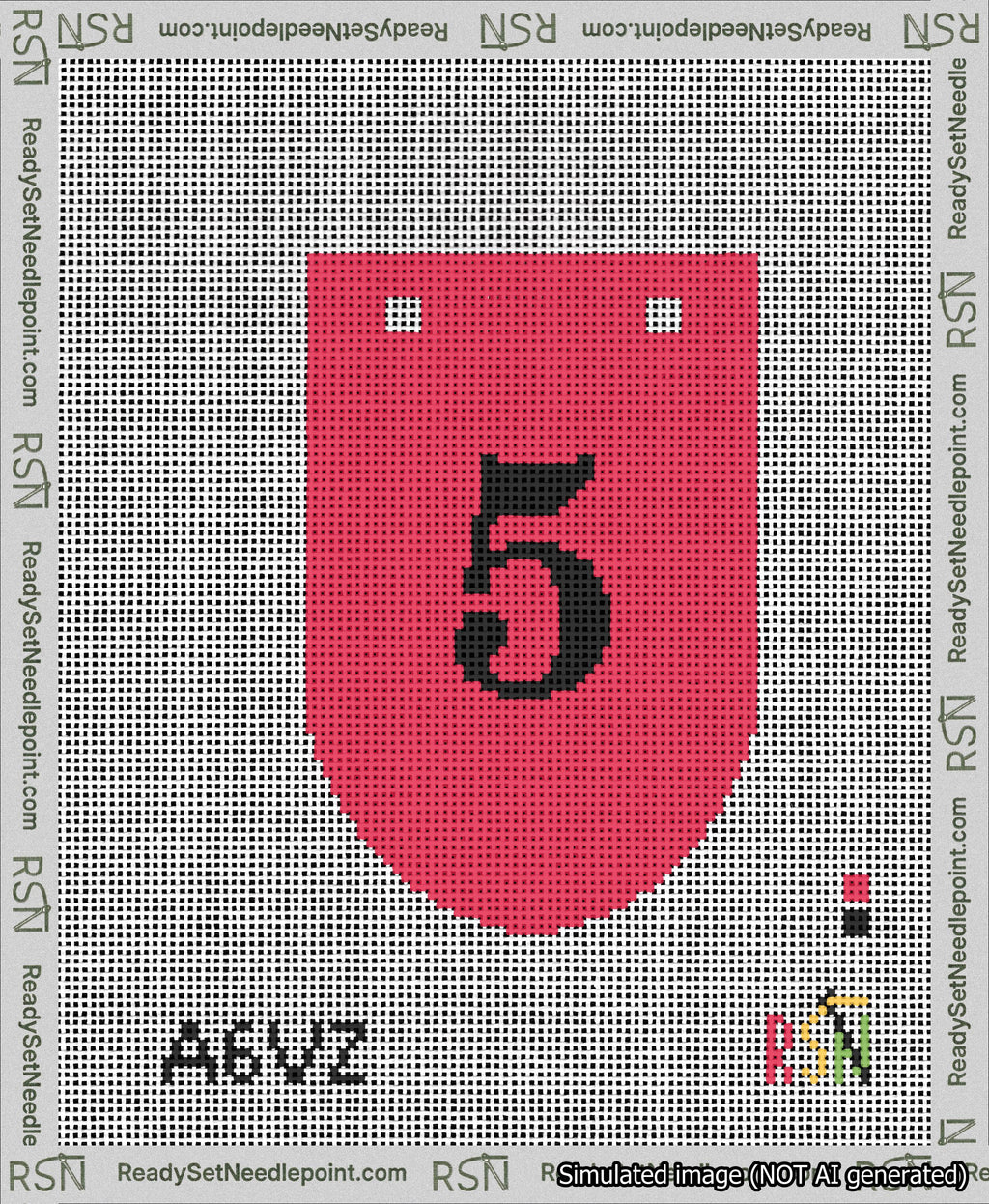 A taped needlepoint canvas with the design: Banner 13 mesh count Rounded 5 Black on Red.