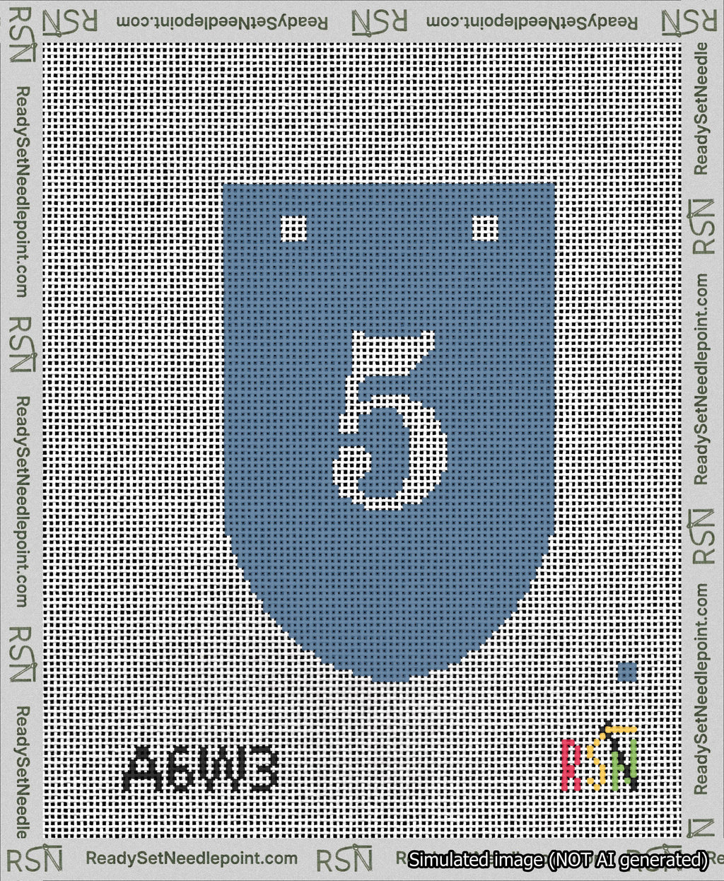 A taped needlepoint canvas with the design: Banner 13 mesh count Rounded 5 White on Blue.