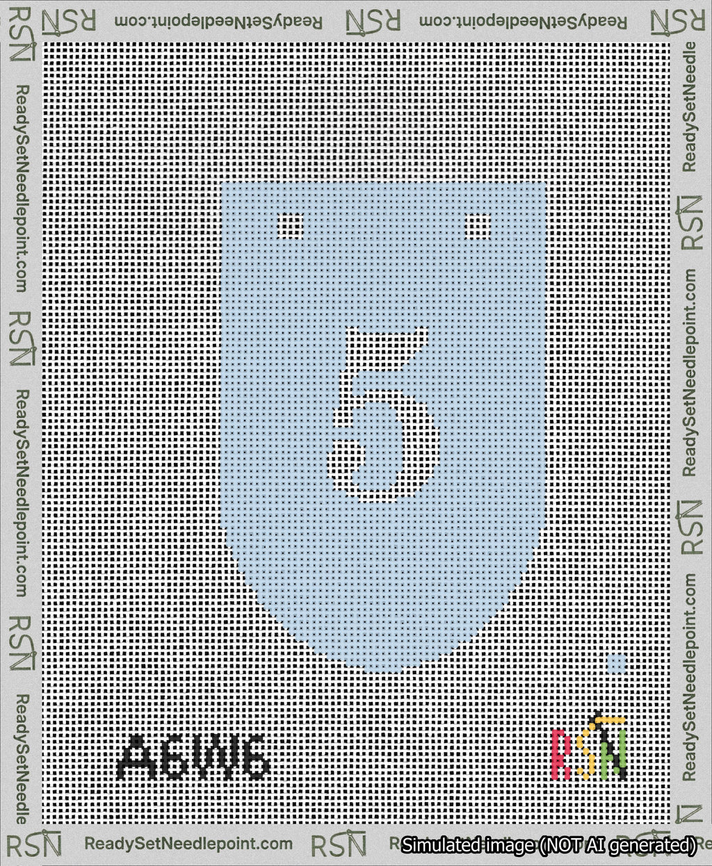 A taped needlepoint canvas with the design: Banner 13 mesh count Rounded 5 White on Light Blue.