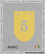 A taped needlepoint canvas with the design: Banner 13 mesh count Rounded 5 White on Yellow.