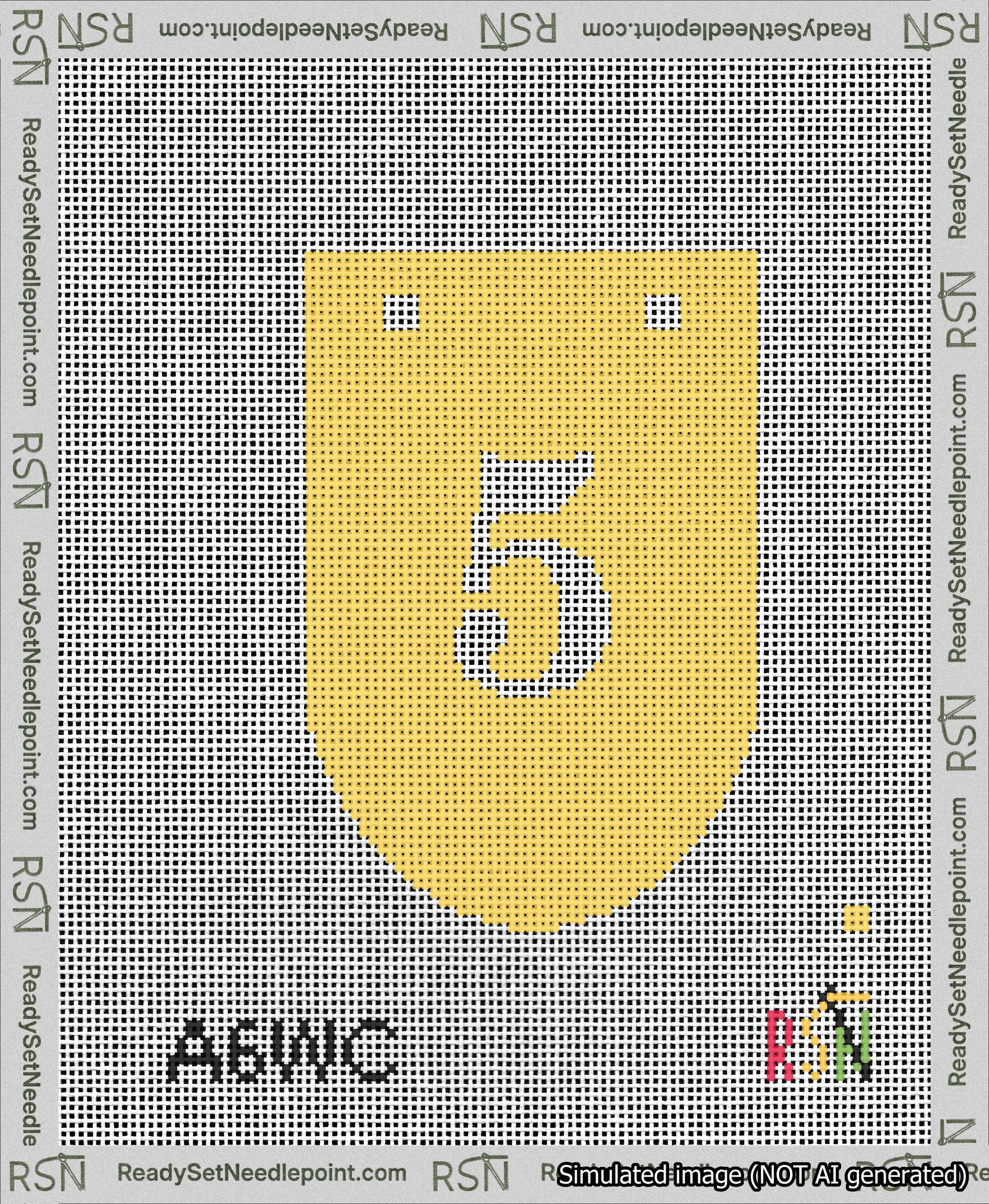 A taped needlepoint canvas with the design: Banner 13 mesh count Rounded 5 White on Yellow.