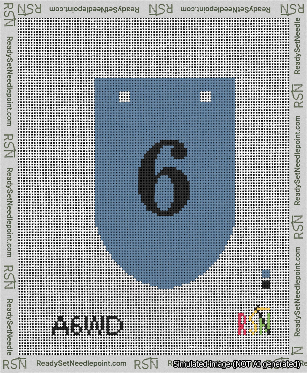 A taped needlepoint canvas with the design: Banner 13 mesh count Rounded 6 Black on Blue.