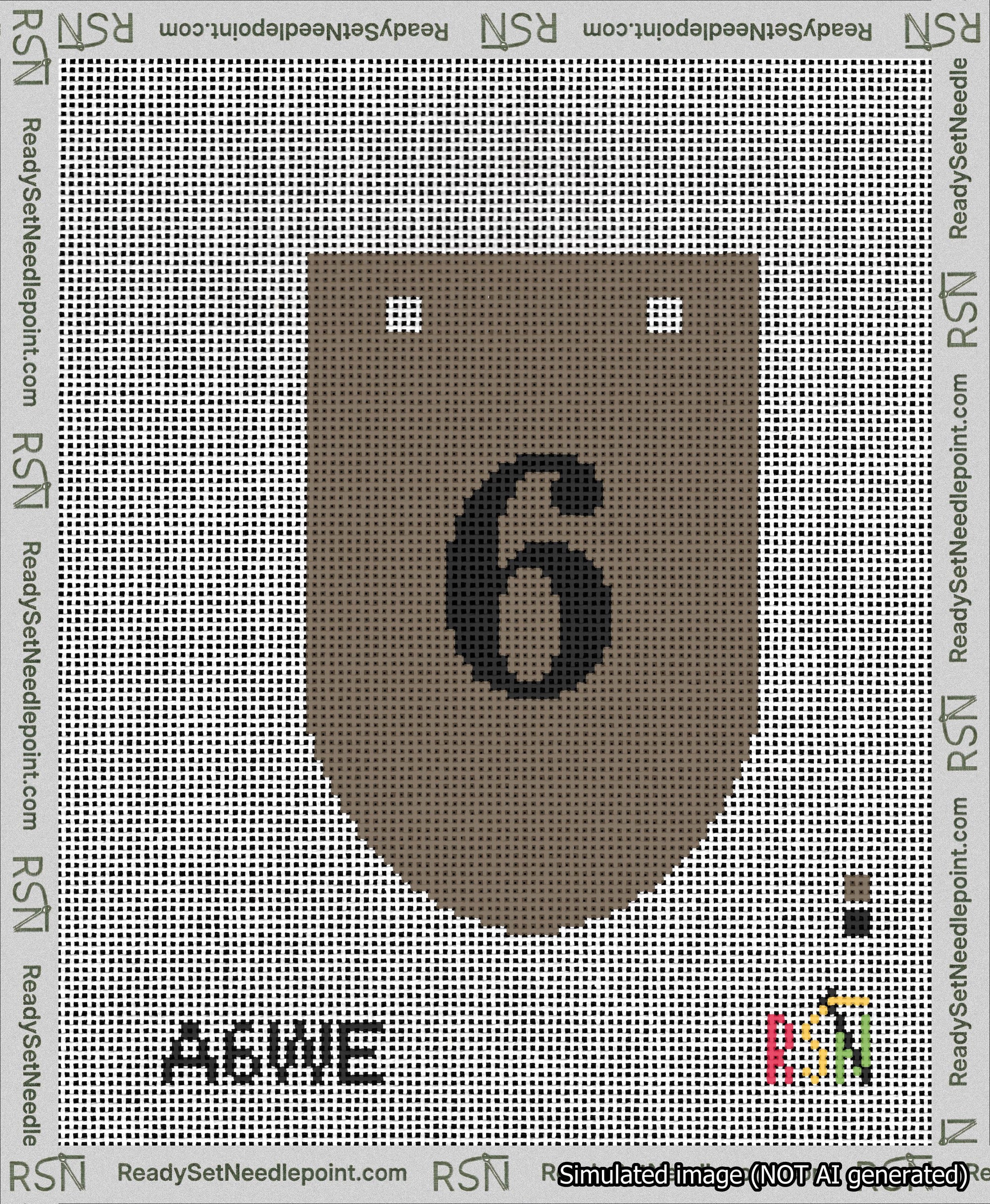 A taped needlepoint canvas with the design: Banner 13 mesh count Rounded 6 Black on Brown.