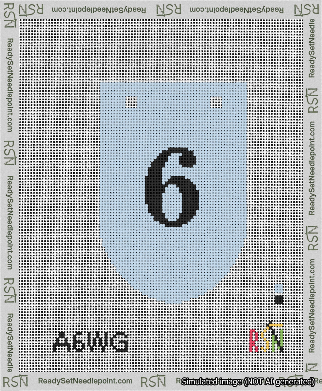 A taped needlepoint canvas with the design: Banner 13 mesh count Rounded 6 Black on Light Blue.