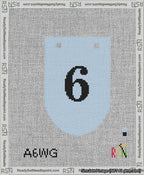 A taped needlepoint canvas with the design: Banner 13 mesh count Rounded 6 Black on Light Blue.