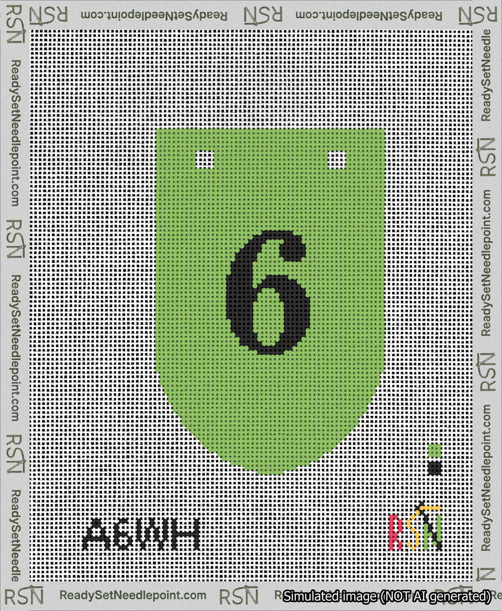 A taped needlepoint canvas with the design: Banner 13 mesh count Rounded 6 Black on Light Green.