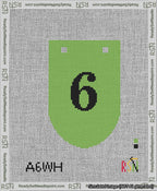 A taped needlepoint canvas with the design: Banner 13 mesh count Rounded 6 Black on Light Green.