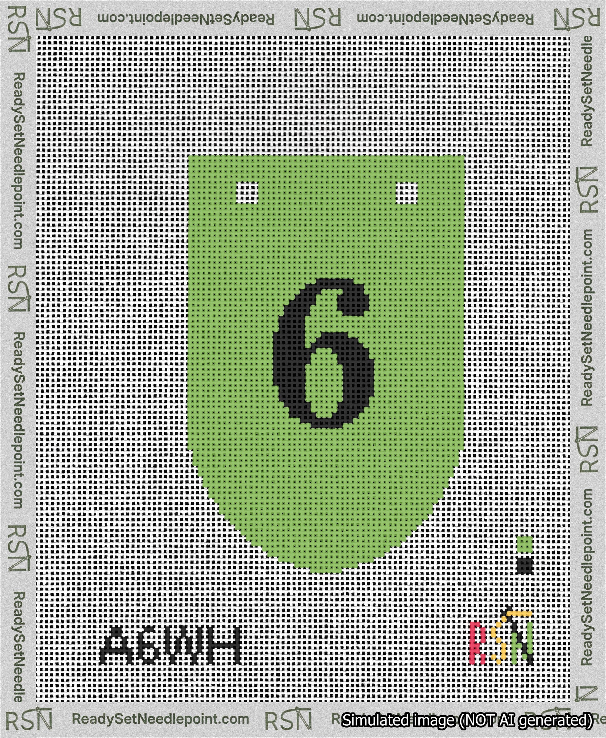 A taped needlepoint canvas with the design: Banner 13 mesh count Rounded 6 Black on Light Green.