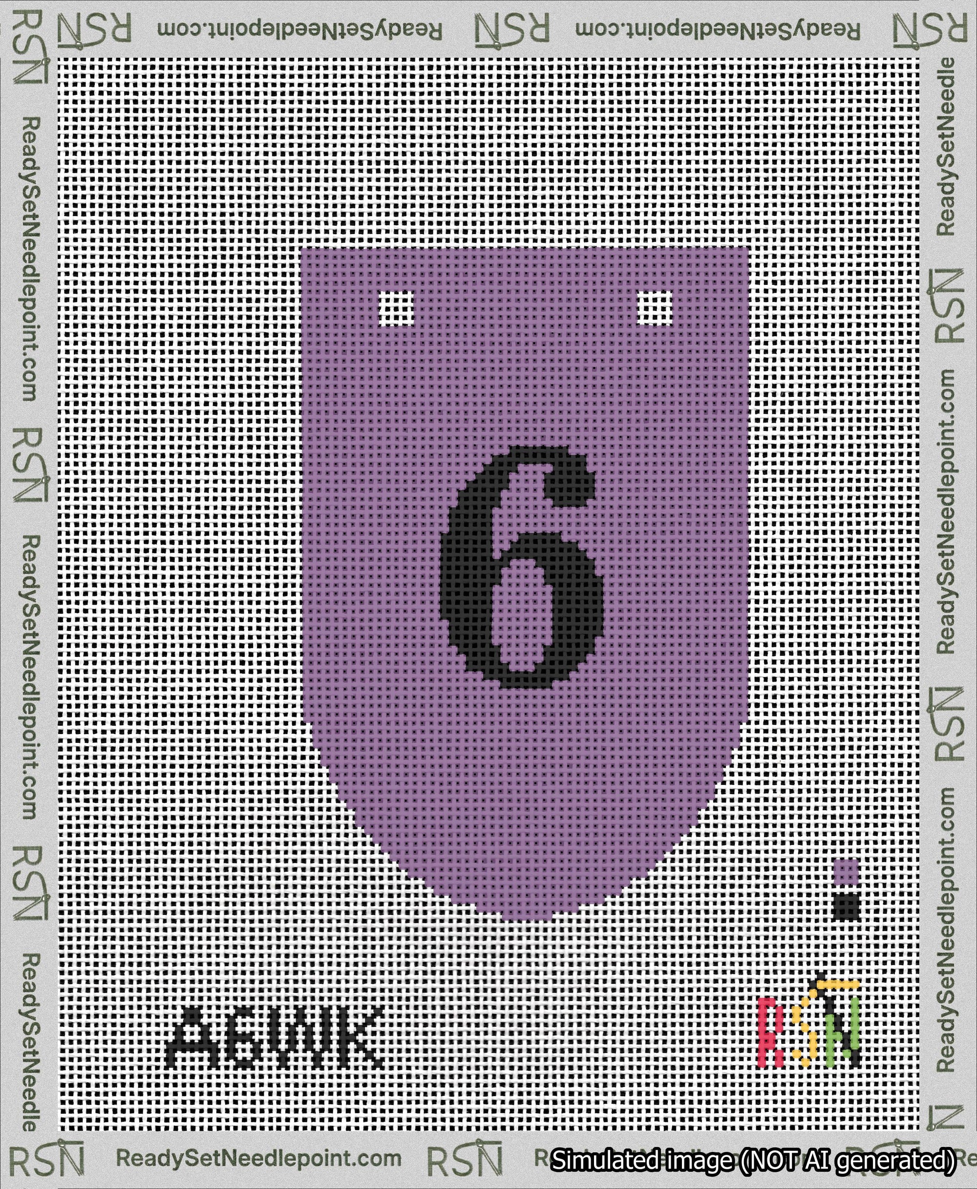 A taped needlepoint canvas with the design: Banner 13 mesh count Rounded 6 Black on Purple.