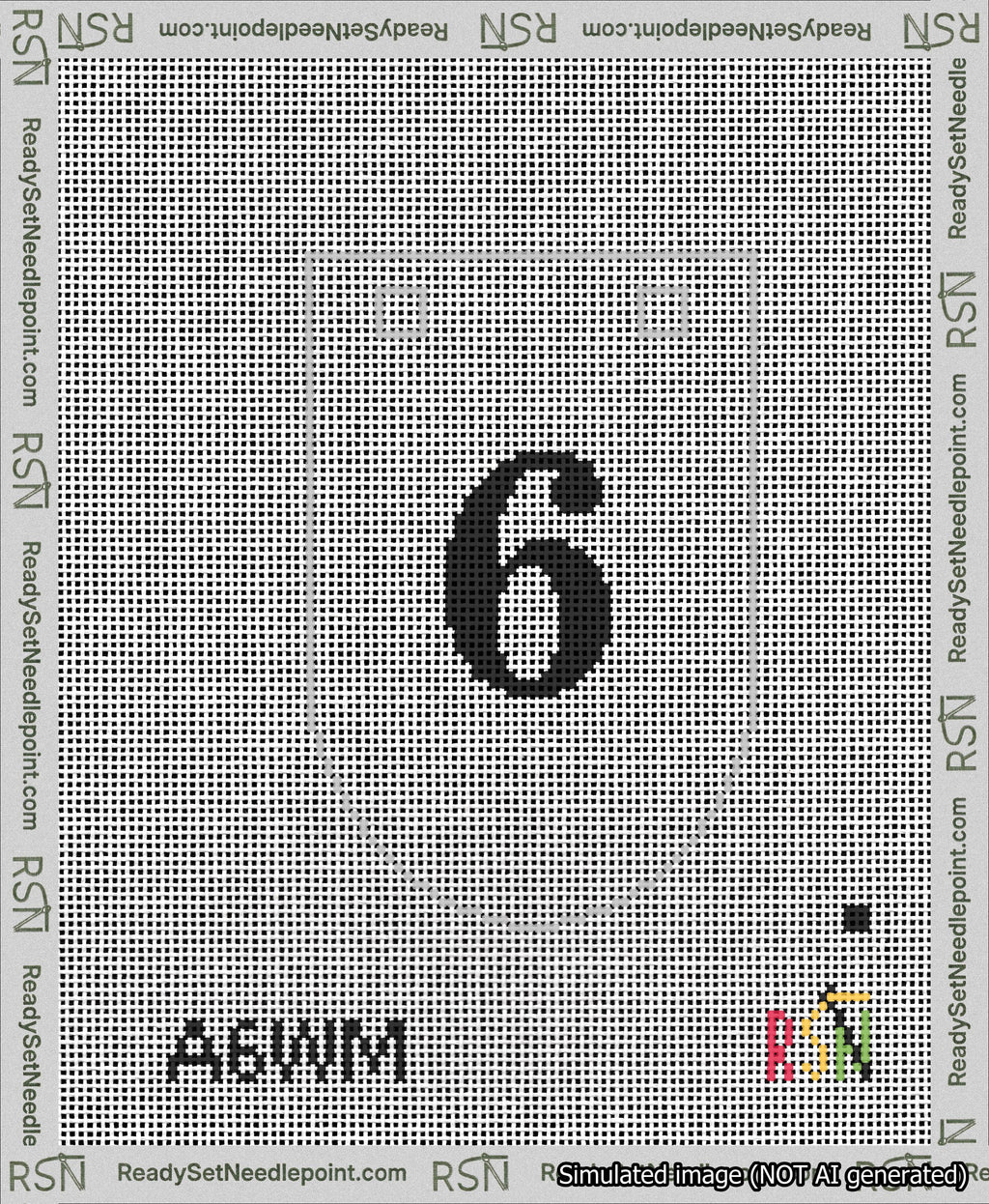 A taped needlepoint canvas with the design: Banner 13 mesh count Rounded 6 Black on White.