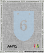 A taped needlepoint canvas with the design: Banner 13 mesh count Rounded 6 White on Light Blue.