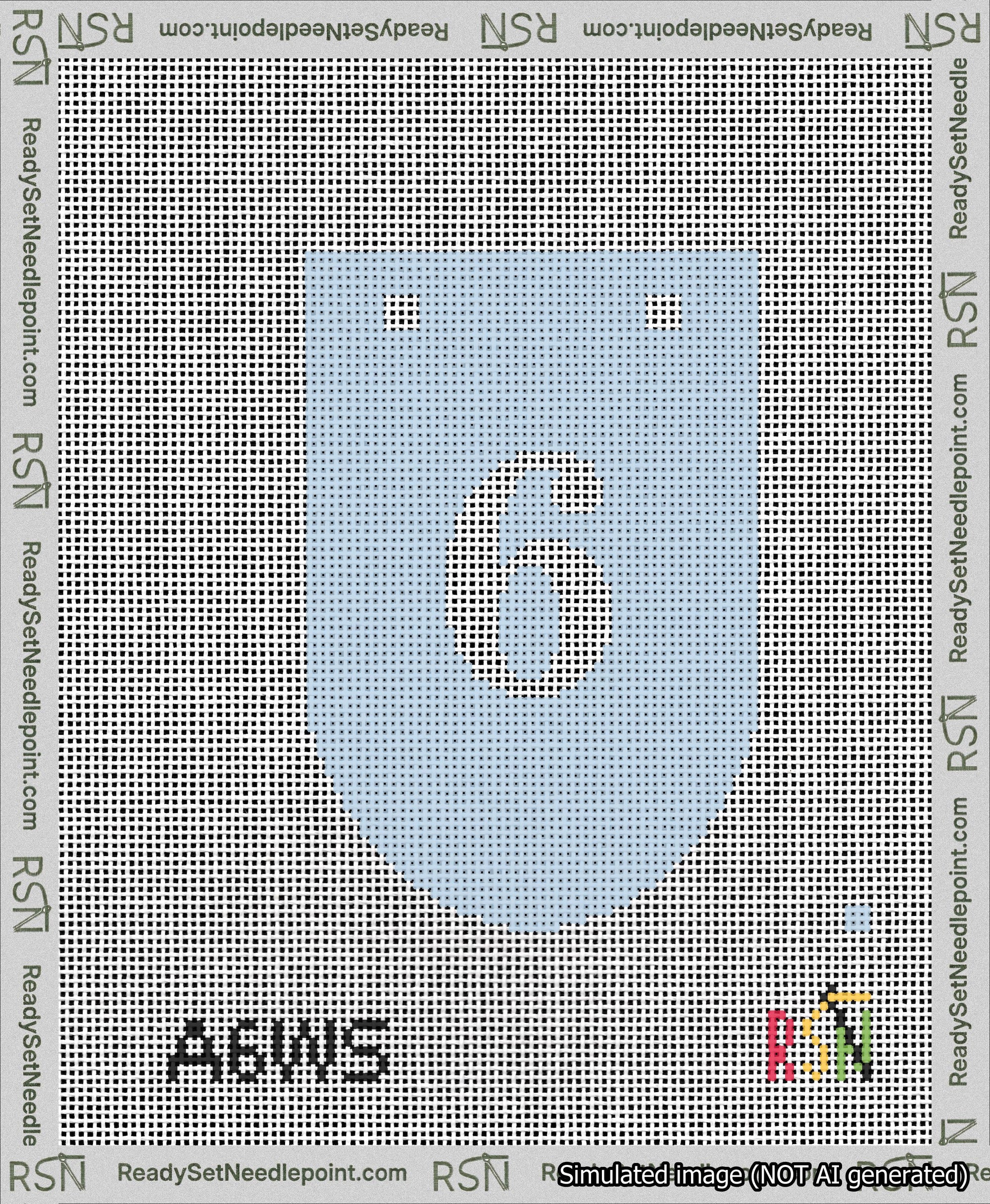 A taped needlepoint canvas with the design: Banner 13 mesh count Rounded 6 White on Light Blue.