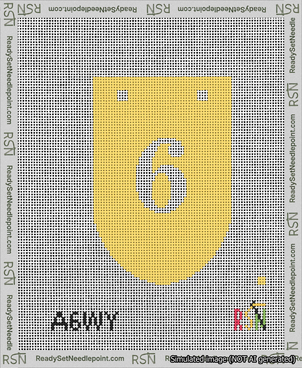 A taped needlepoint canvas with the design: Banner 13 mesh count Rounded 6 White on Yellow.