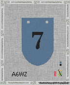 A taped needlepoint canvas with the design: Banner 13 mesh count Rounded 7 Black on Blue.