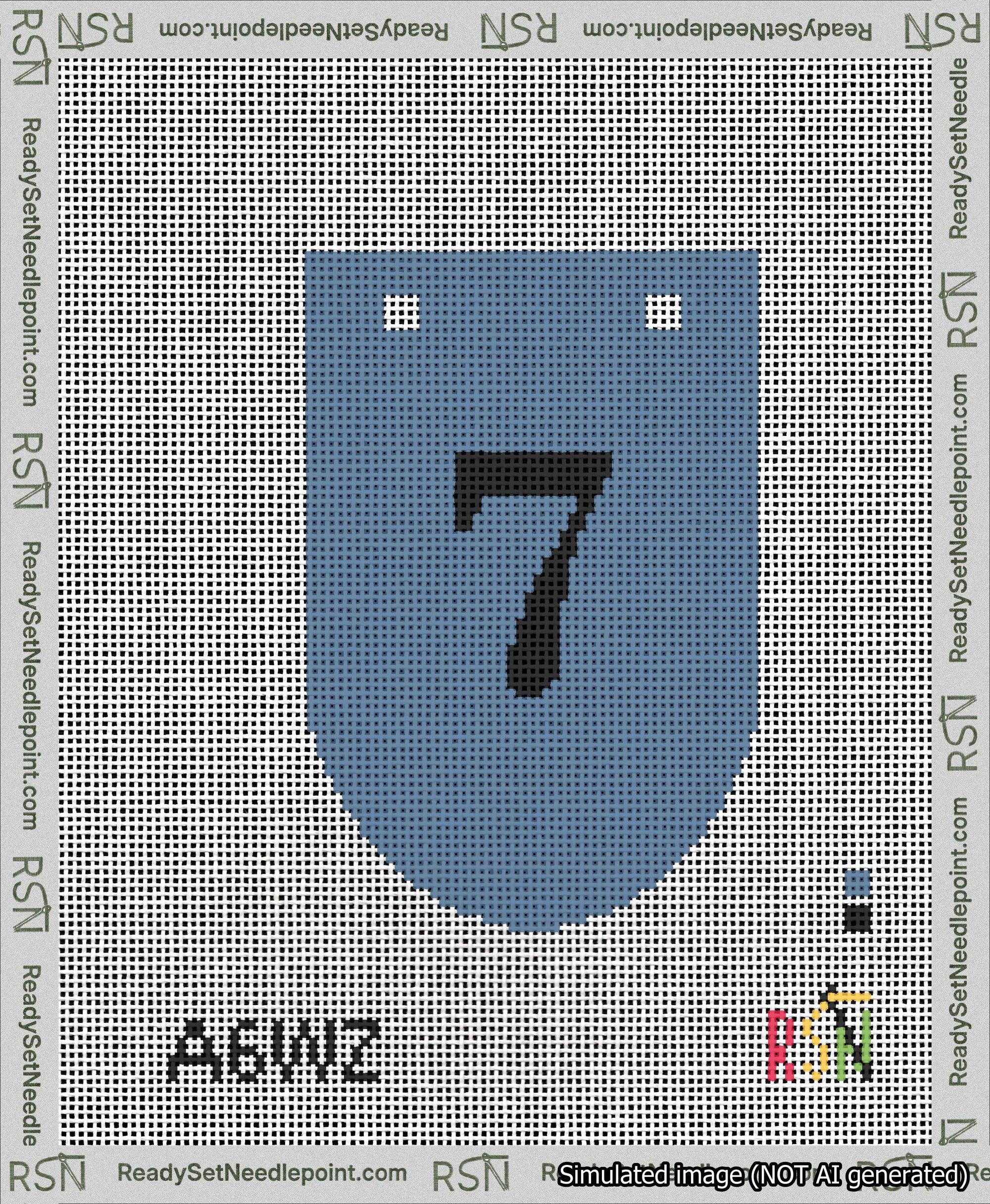 A taped needlepoint canvas with the design: Banner 13 mesh count Rounded 7 Black on Blue.