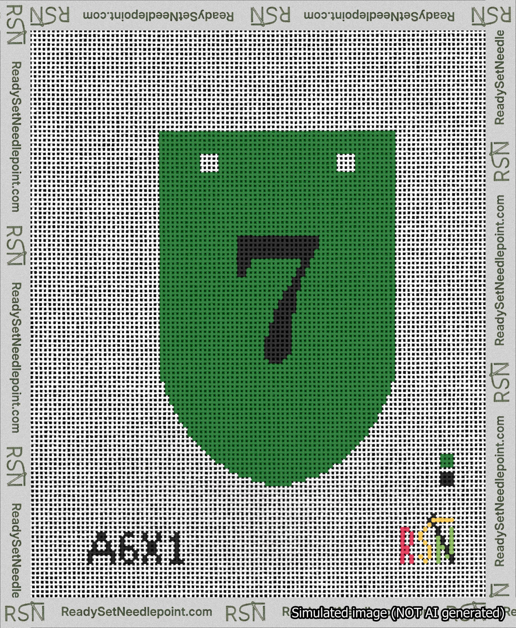 A taped needlepoint canvas with the design: Banner 13 mesh count Rounded 7 Black on Green.