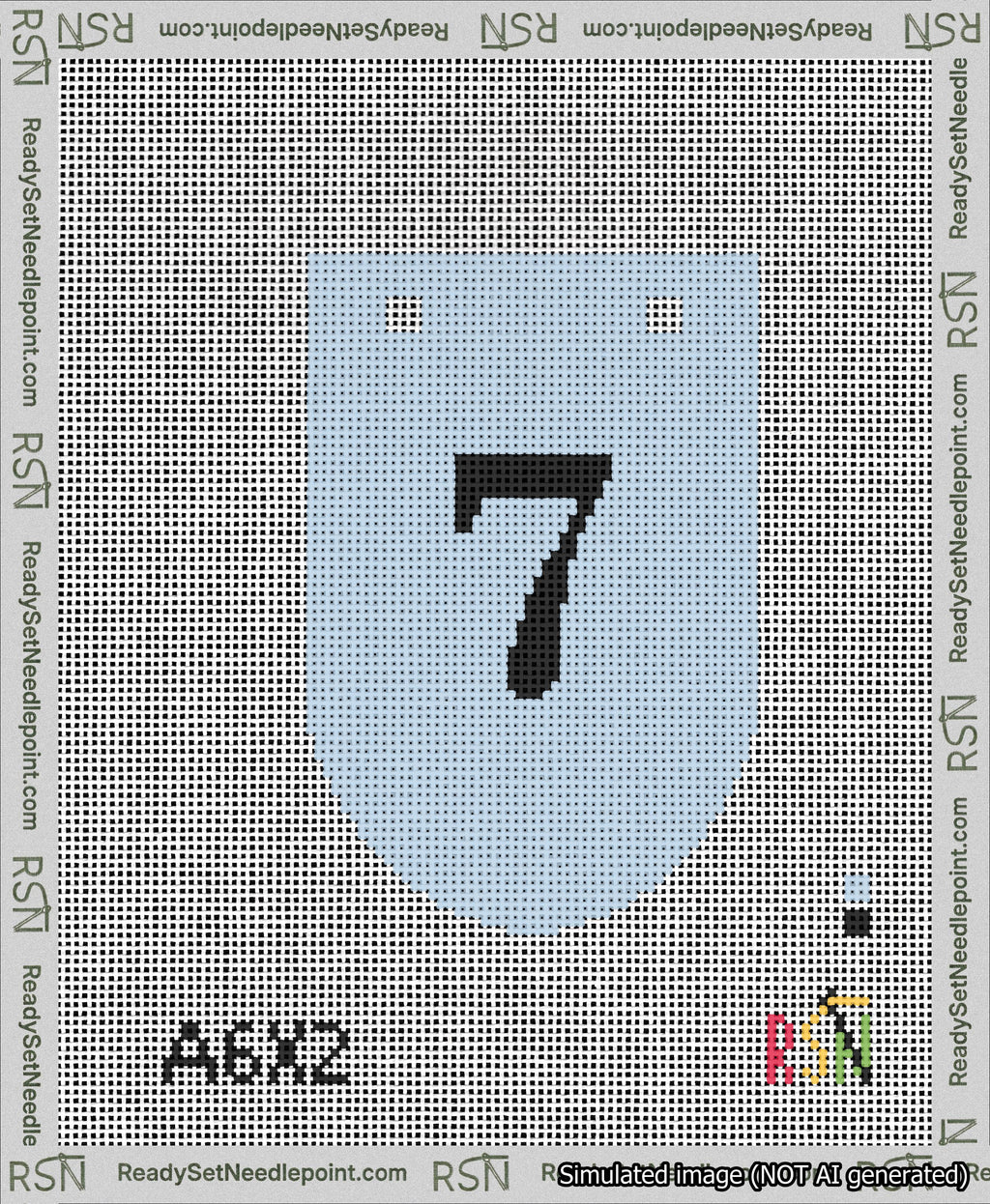 A taped needlepoint canvas with the design: Banner 13 mesh count Rounded 7 Black on Light Blue.