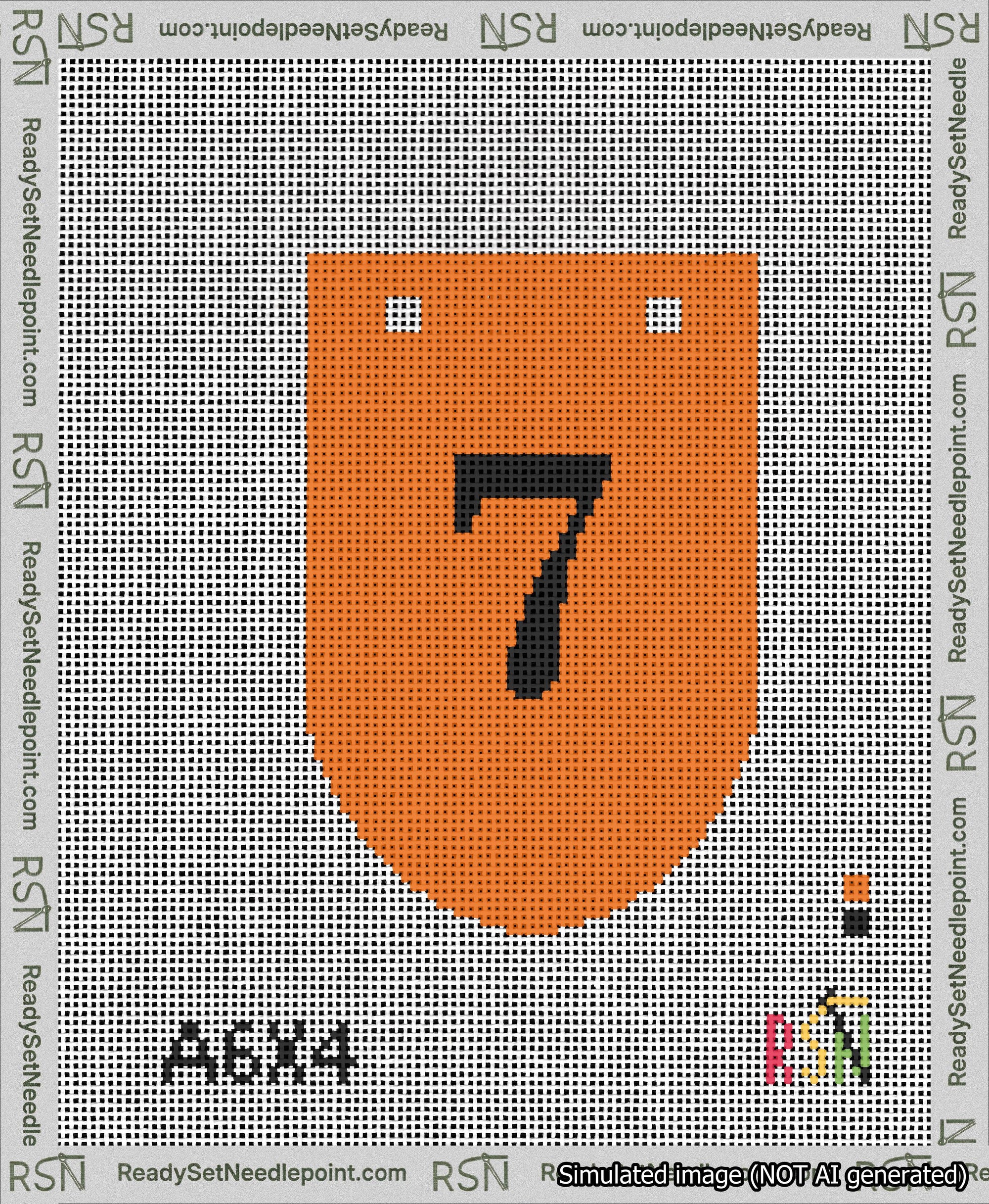 A taped needlepoint canvas with the design: Banner 13 mesh count Rounded 7 Black on Orange.