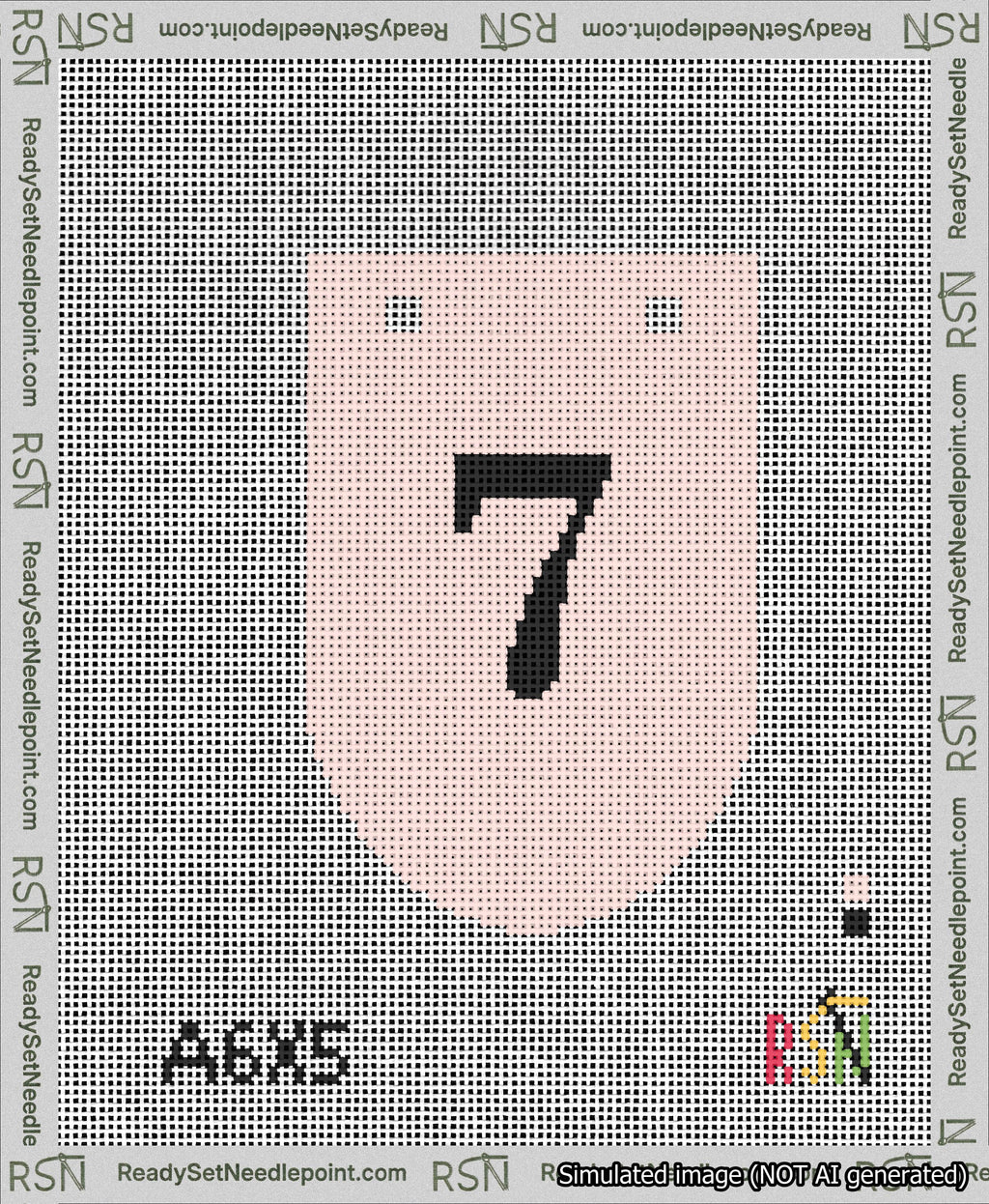A taped needlepoint canvas with the design: Banner 13 mesh count Rounded 7 Black on Pink.
