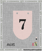 A taped needlepoint canvas with the design: Banner 13 mesh count Rounded 7 Black on Pink.